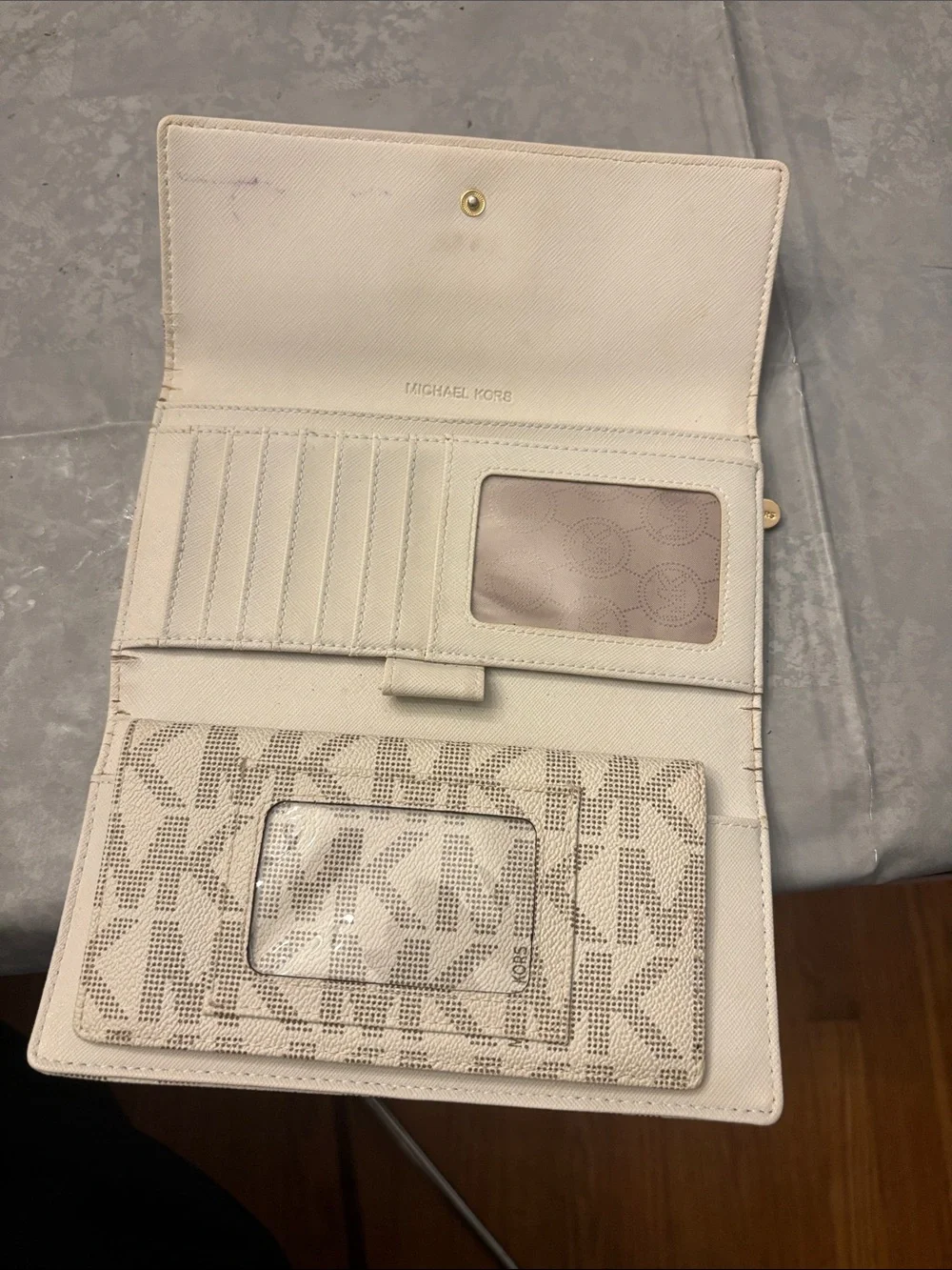 Michael Kors Beige Signature Continental Wallet with Gold Plaque